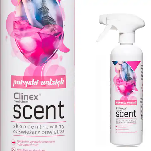 ⁨Concentrated air freshener sprayed onto CLINEX Scent surfaces - Parisian Charm 500ML⁩ at Wasserman.eu