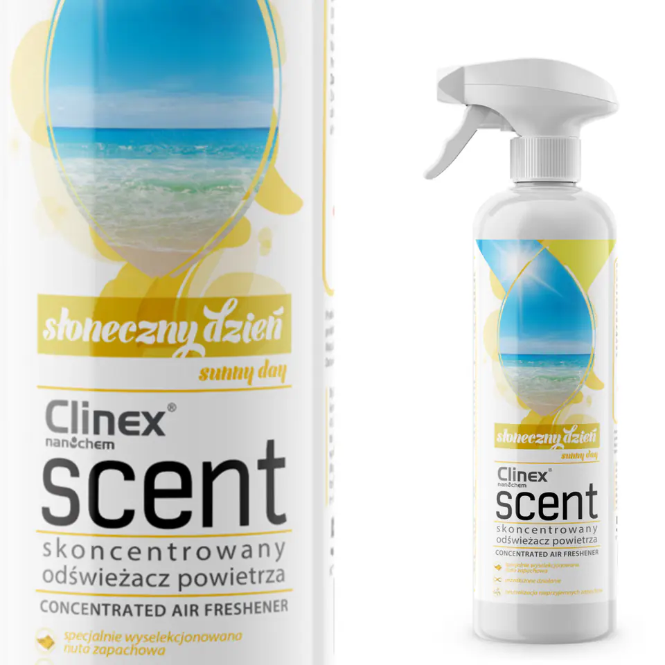 ⁨Skoncentrowany odświeżacz powietrza rozpylany na powierzchnie CLINEX Scent - Słoneczny Dzień 500ML⁩ w sklepie Wasserman.eu