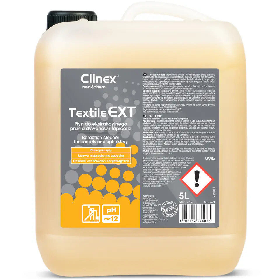 ⁨Liquid for machine and manual washing of carpets and upholstery CLINEX Textile EXT 5L⁩ at Wasserman.eu