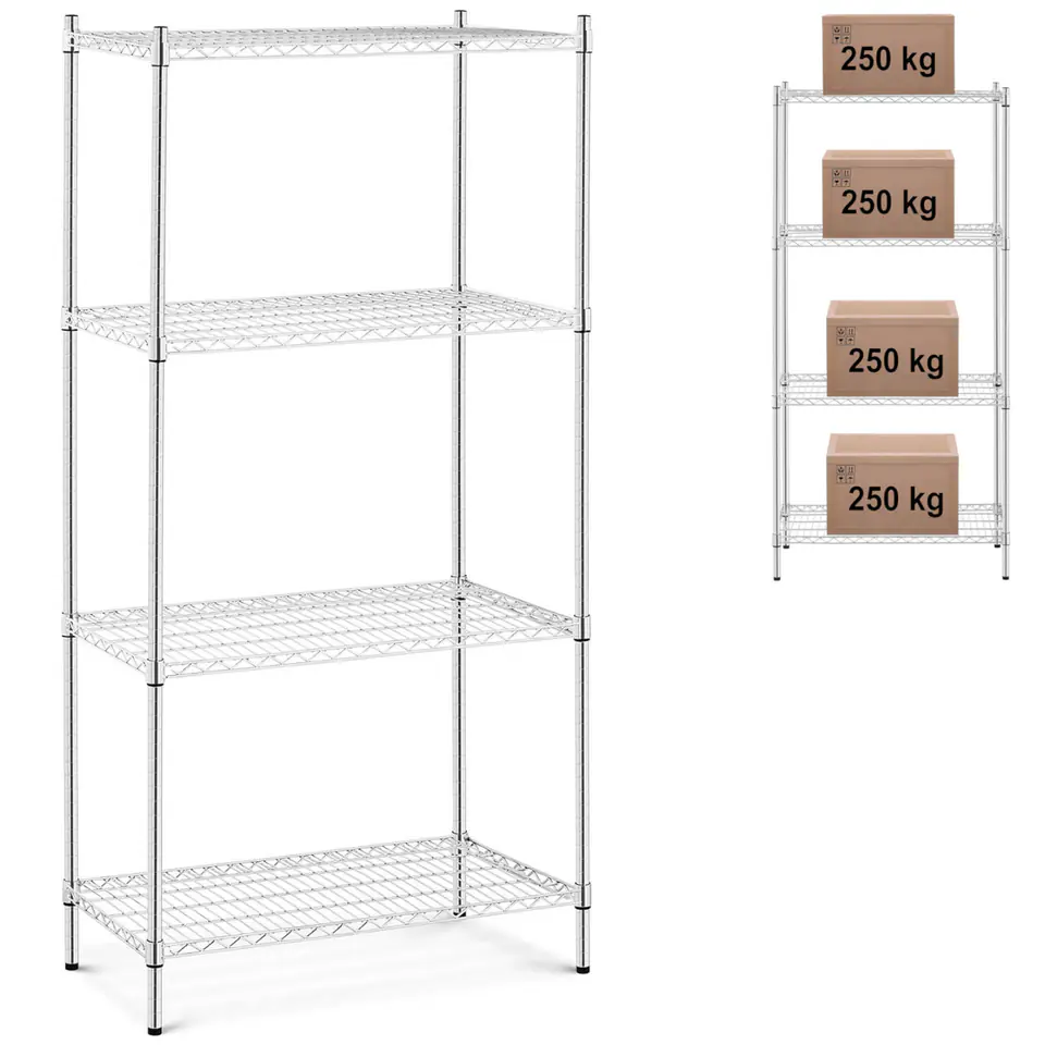 ⁨Chrome workshop rack 4 wire shelves up to 1 t 1000 kg 90x45x180 cm⁩ at Wasserman.eu