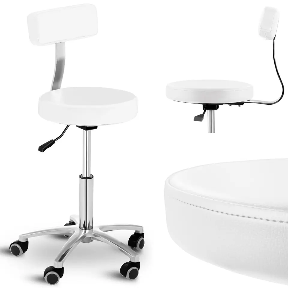 ⁨Chair stool stool cosmetic with backrest on wheels up to 150 kg TERNI white⁩ at Wasserman.eu