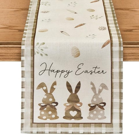 ⁨Lniany bieżnik na stół wielkanocny, króliczki HAPPY EASTER 180 x 33cm BZK01⁩ w sklepie Wasserman.eu