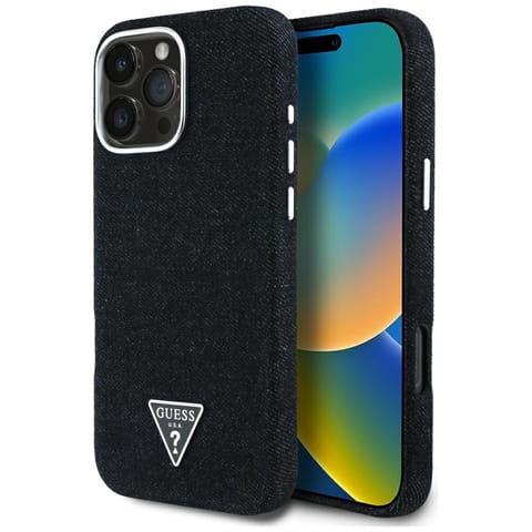 ⁨Etui Guess Denim Triangle Logo MagSafe   do iPhone 16 Pro czarny⁩ w sklepie Wasserman.eu