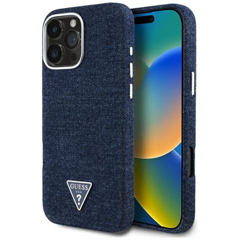 ⁨Etui Guess Denim Triangle Logo MagSafe   do iPhone 16 Pro Max niebieski⁩ w sklepie Wasserman.eu