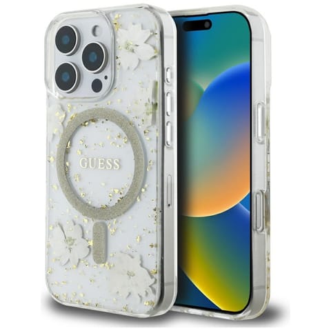 ⁨Etui Guess Resin Flowers Glitter MagSafe do iPhone 16 Pro Max beżowy⁩ w sklepie Wasserman.eu