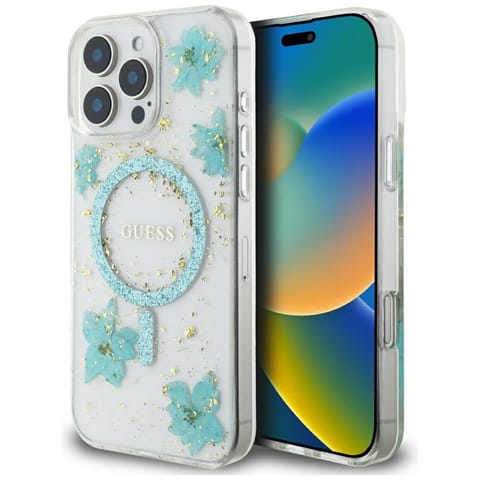 ⁨Etui Guess Resin Flowers Glitter MagSafe do iPhone 16 Pro Max turkusowy⁩ w sklepie Wasserman.eu