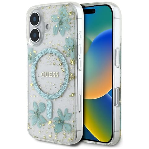 ⁨Etui Guess Resin Flowers Glitter MagSafe do iPhone 16 turkusowy⁩ w sklepie Wasserman.eu