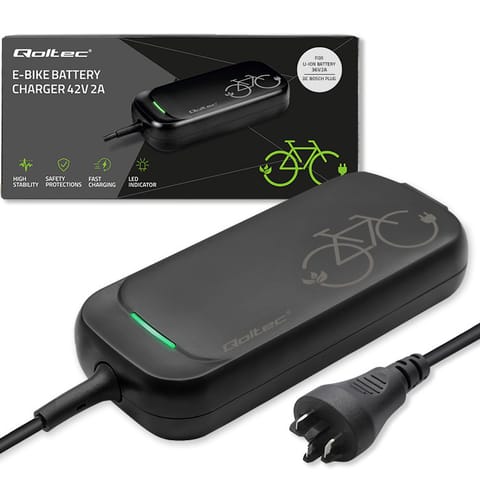 ⁨Qoltec Szybka Ładowarka Pro do roweru elektrycznego Bosch 36V | 42V | 2A | Bosch plug | wodoodporna +kabel zasilający⁩ w sklepie Wasserman.eu