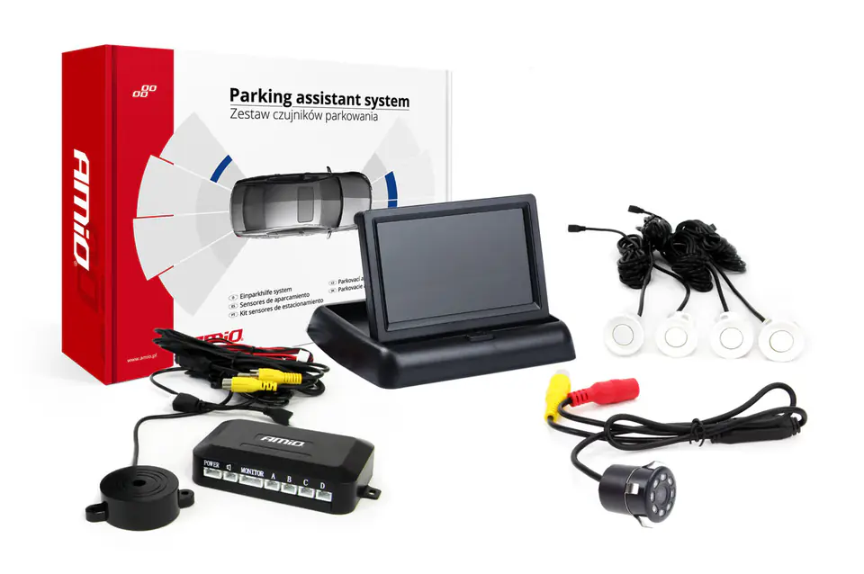 ⁨Parking sensor set tft02 4,3" with hd-307-ir camera 4 sensors white⁩ at Wasserman.eu