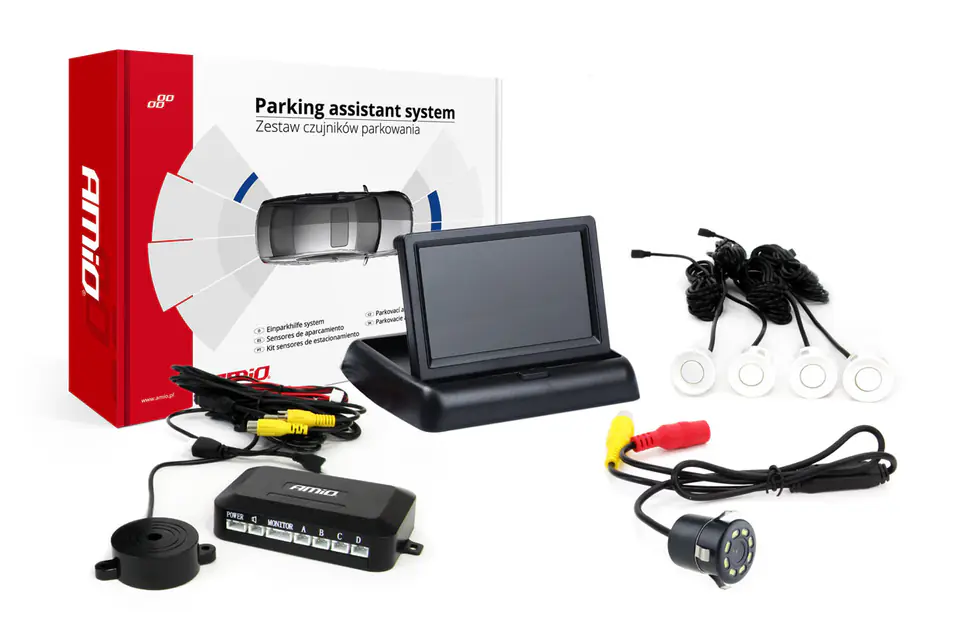 ⁨Zestaw czujników parkowania tft02 4,3" z kamerą hd-308-led 4 sensory białe⁩ w sklepie Wasserman.eu