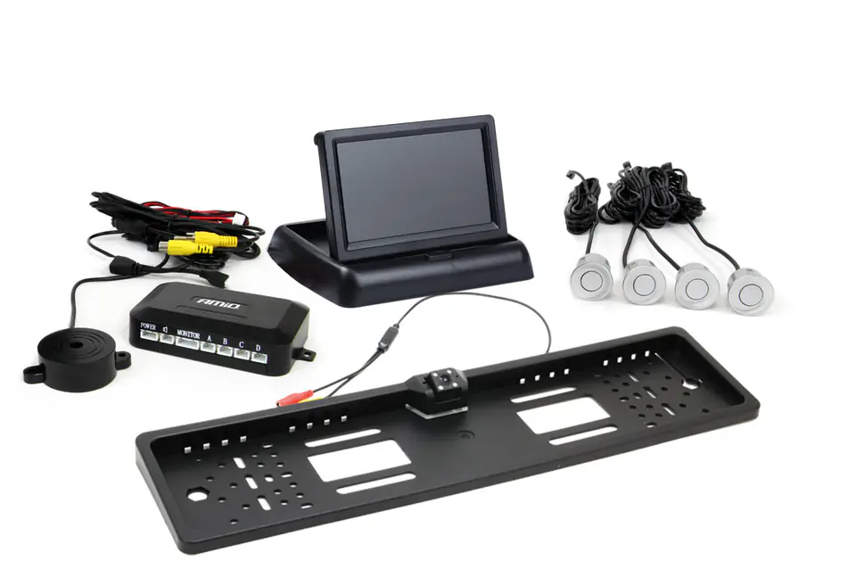 ⁨Zestaw czujników parkowania tft02 4,3" z kamerą hd-402-led 4 sensory srebrne⁩ w sklepie Wasserman.eu