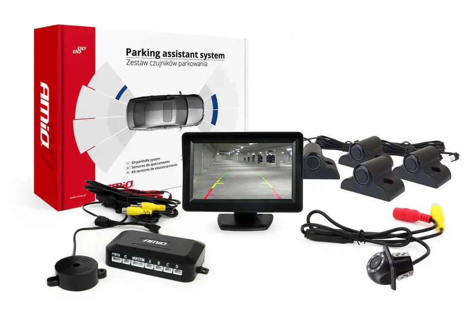 ⁨Zestaw czujników parkowania tft01 4,3" z kamerą hd-305-led 4 sensory czarne truck⁩ w sklepie Wasserman.eu