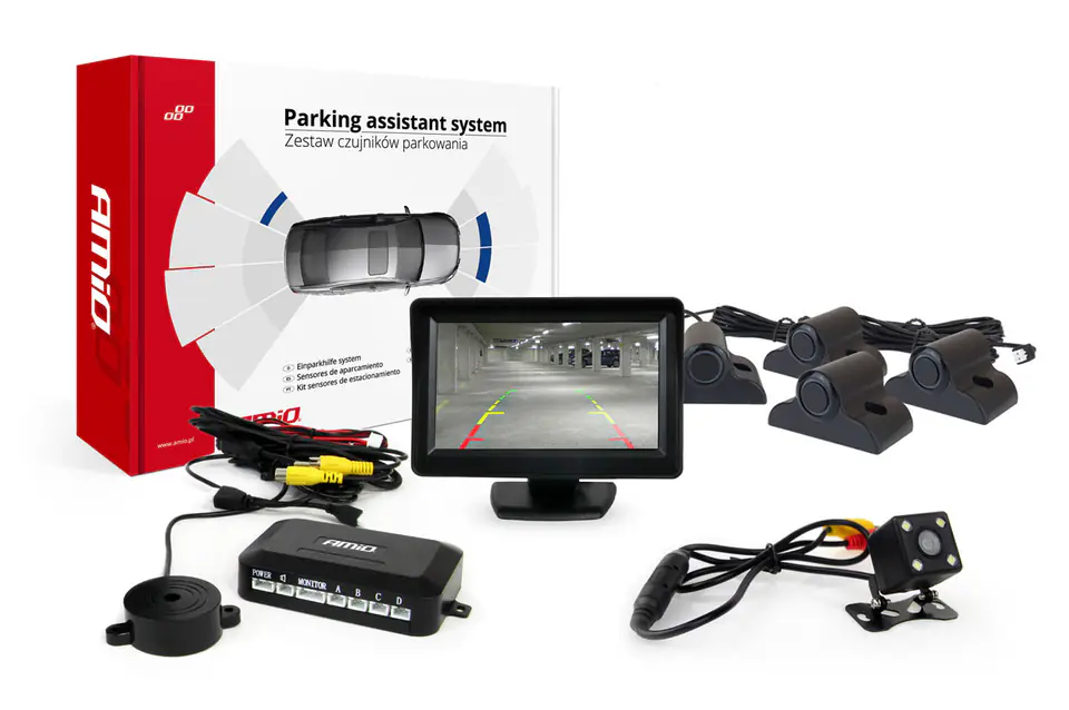 ⁨Zestaw czujników parkowania tft01 4,3" z kamerą hd-315-led 4 sensory czarne truck⁩ w sklepie Wasserman.eu
