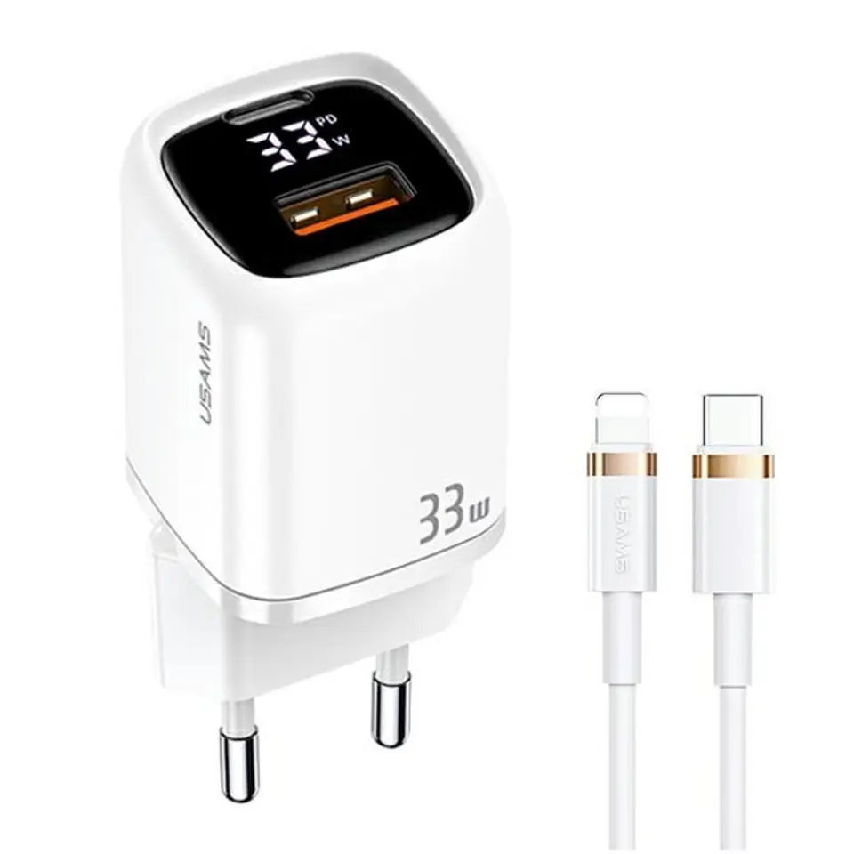 ⁨USAMS Ład. siec. 1xUSB-C+1xUSB T46 33W PD3.0 +QC3.0 Fast Charging +kabel U63 USB-C/Lightning biały/white UDTZ02 (USAMS-UD)⁩ w sklepie Wasserman.eu