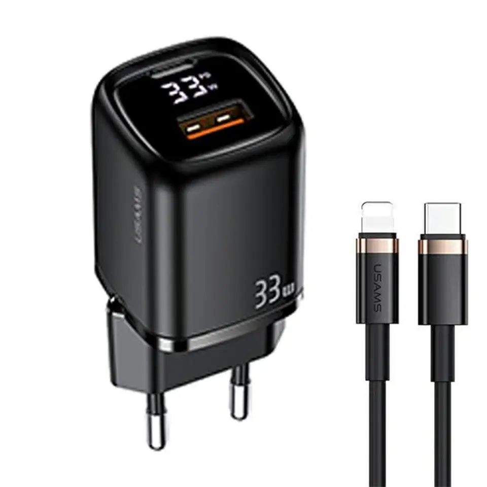 ⁨USAMS Ład. siec. 1xUSB-C+1xUSB T46 33W PD3.0 +QC3.0 Fast Charging +kabel U63 USB-C/Lightning czarny/black UDTZ01⁩ w sklepie Wasserman.eu