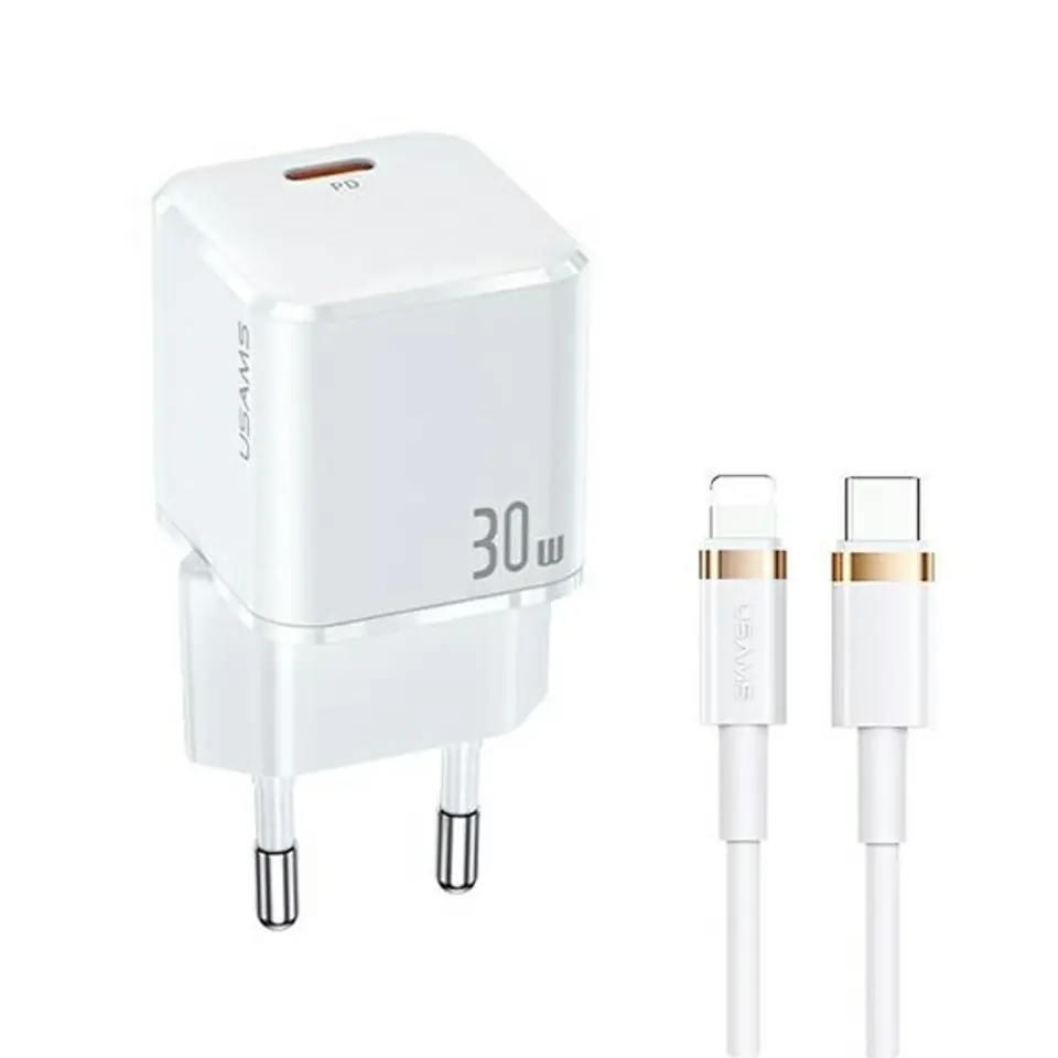 ⁨USAMS Ład. siec. 1xUSB-C T45 30W PD3.0 Fast Charging +kabel U63 USB-C/Lightning biały/white UXTZH02 (USAMS-UX)⁩ w sklepie Wasserman.eu