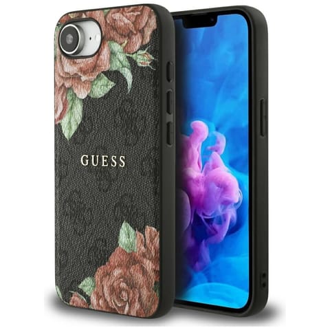 ⁨Etui Guess 4G Flowers Print MagSafe do   iPhone 16e czarny⁩ w sklepie Wasserman.eu