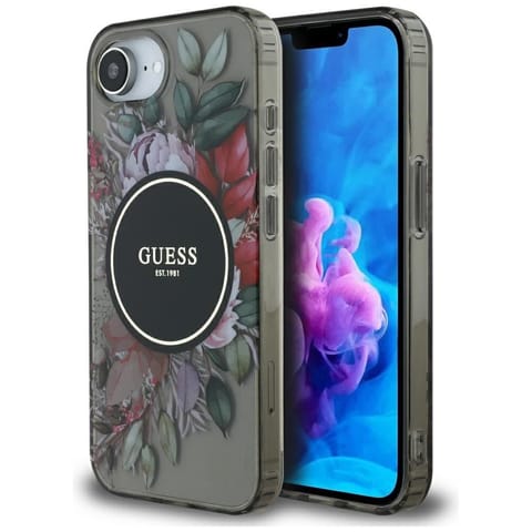 ⁨Etui Guess IML Flowers MagSafe do iPhone 16e czarny⁩ w sklepie Wasserman.eu