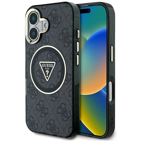 ⁨Etui Guess IML Metal Glitter 4G Circle   Triangle MagSafe do iPhone 16 czarny⁩ w sklepie Wasserman.eu
