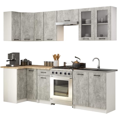 ⁨MEBLE KUCHENNE ZESTAW NAROŻNY Z WITRYNĄ OLIWIA 3M H720 BETON⁩ w sklepie Wasserman.eu