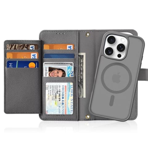 ⁨Etui skórzane do iPhone 16 Pro Max Dux Ducis Lawa z portfelem MagSafe szare⁩ w sklepie Wasserman.eu