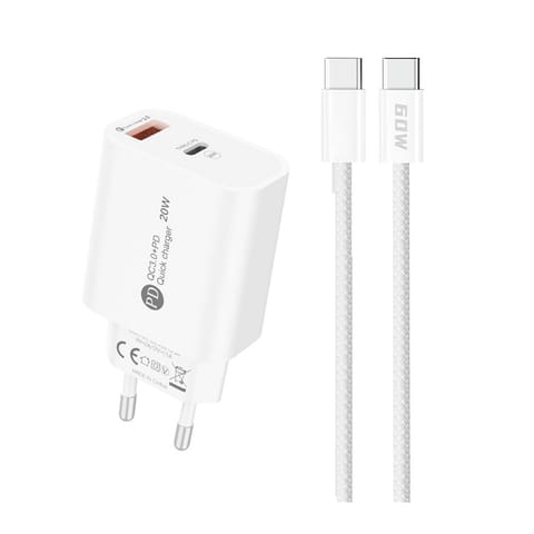 Ładowarka sieciowa 20W USB-A USB-C z kablem USB-C 1m - biała w sklepie Wasserman.eu