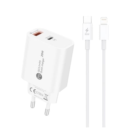 ⁨Ładowarka sieciowa 20W USB-A USB-C z kablem USB-C - iPhone Lightning 1m - biała⁩ w sklepie Wasserman.eu