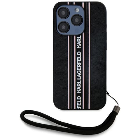 ⁨Etui Karl Lagerfeld Saffiano Athleisure  Stripes Cord do iPhone 15 Pro czarno-różowy⁩ w sklepie Wasserman.eu