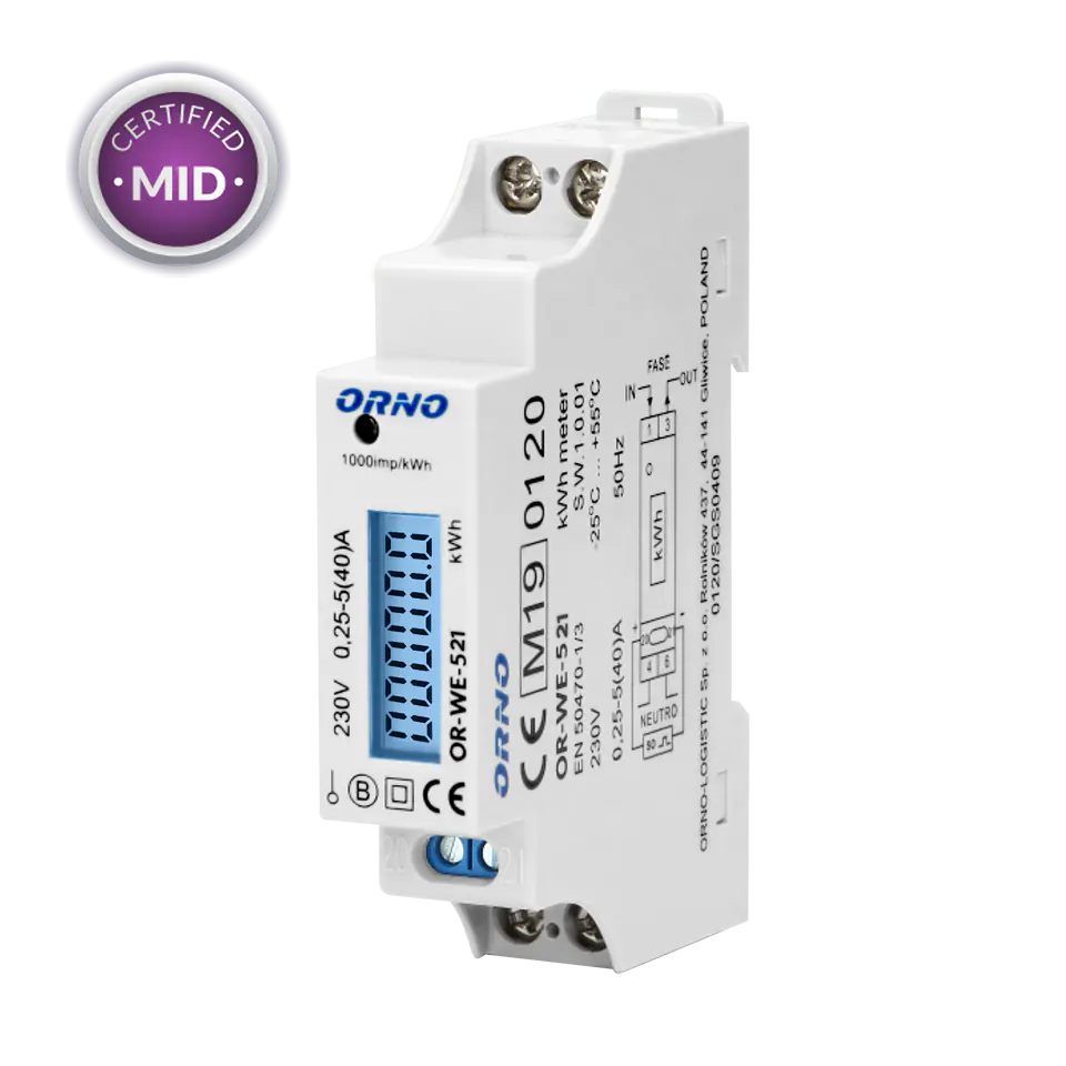 1-phase electricity meter, 40A, MID, pulse output, backlight, 1 module, DIN TH-35mm at Wasserman.eu
