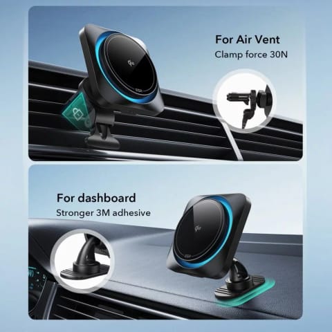 ⁨Uchwyt ładowarka samochodowa ESR HaloLock Qi2 Wireless z CryoBoost Magnetyczna MagSafe QI2 15W na kokpit kratkę wentylacyjną⁩ w sklepie Wasserman.eu