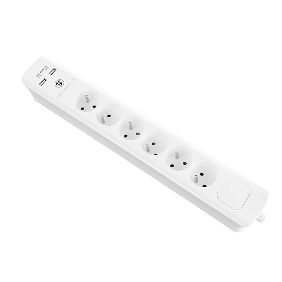 ⁨Surge protector, 6 2P+Z sockets, cable 3x1.0mm?, length 3m, with double-track illuminated switch. 10A/230 VAC, Surge Protector Type 3: Uoc: 4kV (L-N, L/NPE); Up: 2.2kV(L-N,L/N-PE); 375J. Charger 2xUSB 2,1A⁩ at Wasserman.eu