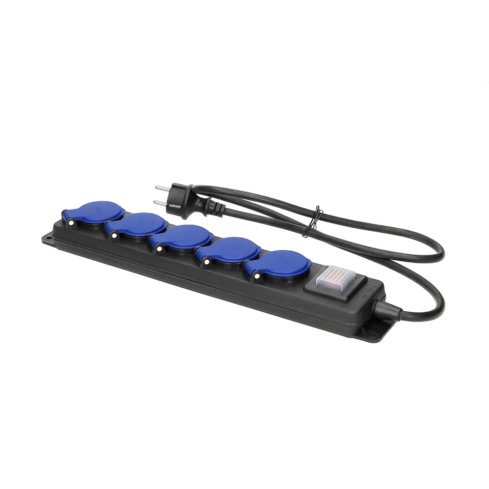 ⁨Przedłużacz warsztatowy bryzgoszczelny z wyłącznikiem, 5 gniazd 2P+Z, IP44, przewód gumowy, H05RR-F 3x1,5mm?, długość 5m⁩ w sklepie Wasserman.eu