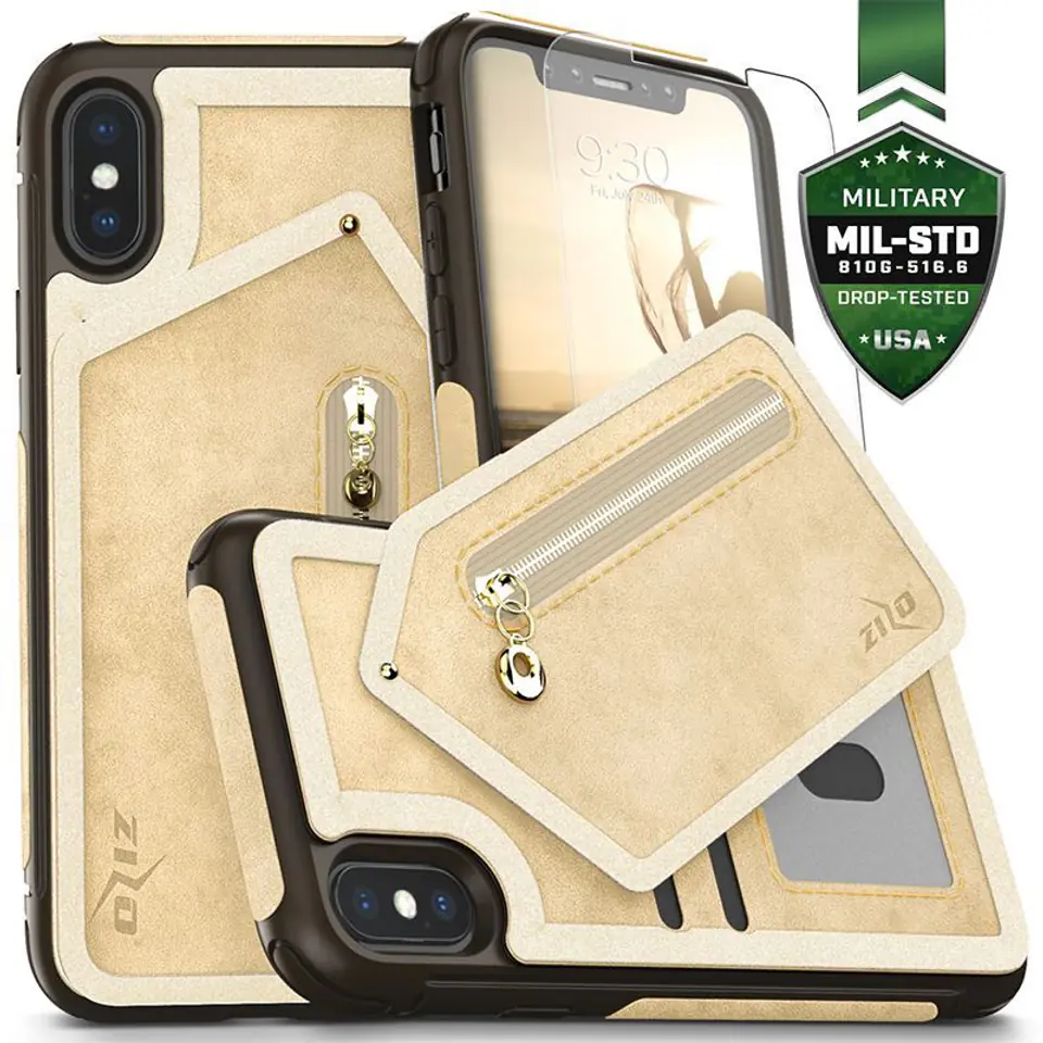 ⁨Zizo Nebula Wallet Case - Skórzane etui iPhone X z kieszeniami na karty + saszetka na zamek + szkło 9H na ekran (Tan/Brown)⁩ w sklepie Wasserman.eu