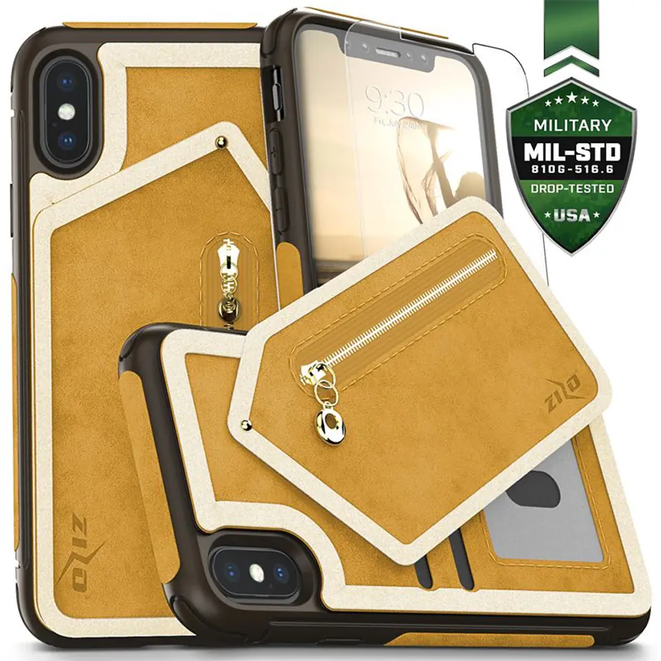 ⁨Zizo Nebula Wallet Case - Skórzane etui iPhone X z kieszeniami na karty + saszetka na zamek + szkło 9H na ekran (Light Brown/Brown)⁩ w sklepie Wasserman.eu