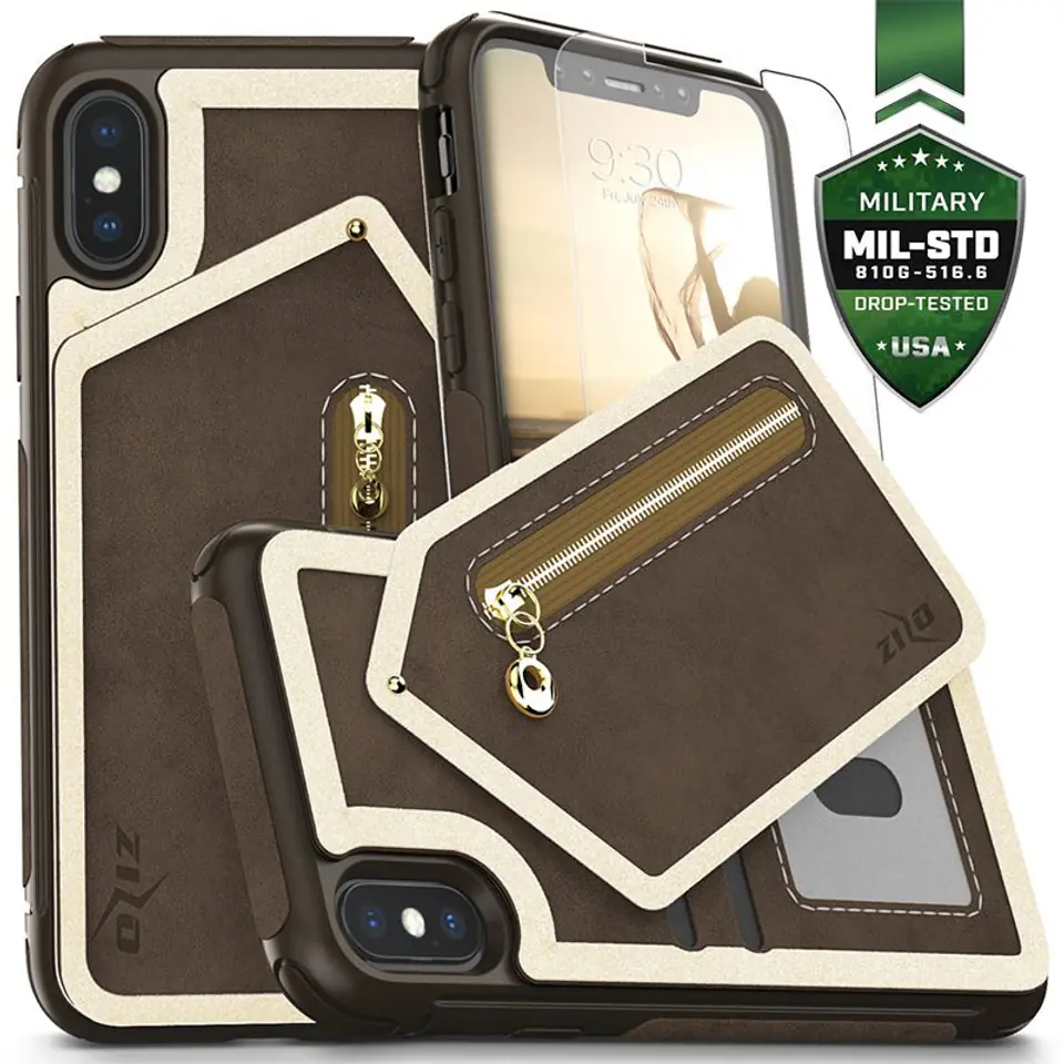 ⁨Zizo Nebula Wallet Case - Skórzane etui iPhone X z kieszeniami na karty + saszetka na zamek + szkło 9H na ekran (Dark Brown/Brown)⁩ w sklepie Wasserman.eu