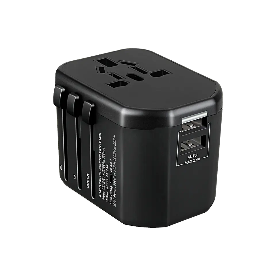 ⁨GOworld USB Universal Travel Adapter for more than 200 countries of the world, 100-240V, 8A, 2 x USB, 5V 2.4A intelligent identification⁩ at Wasserman.eu