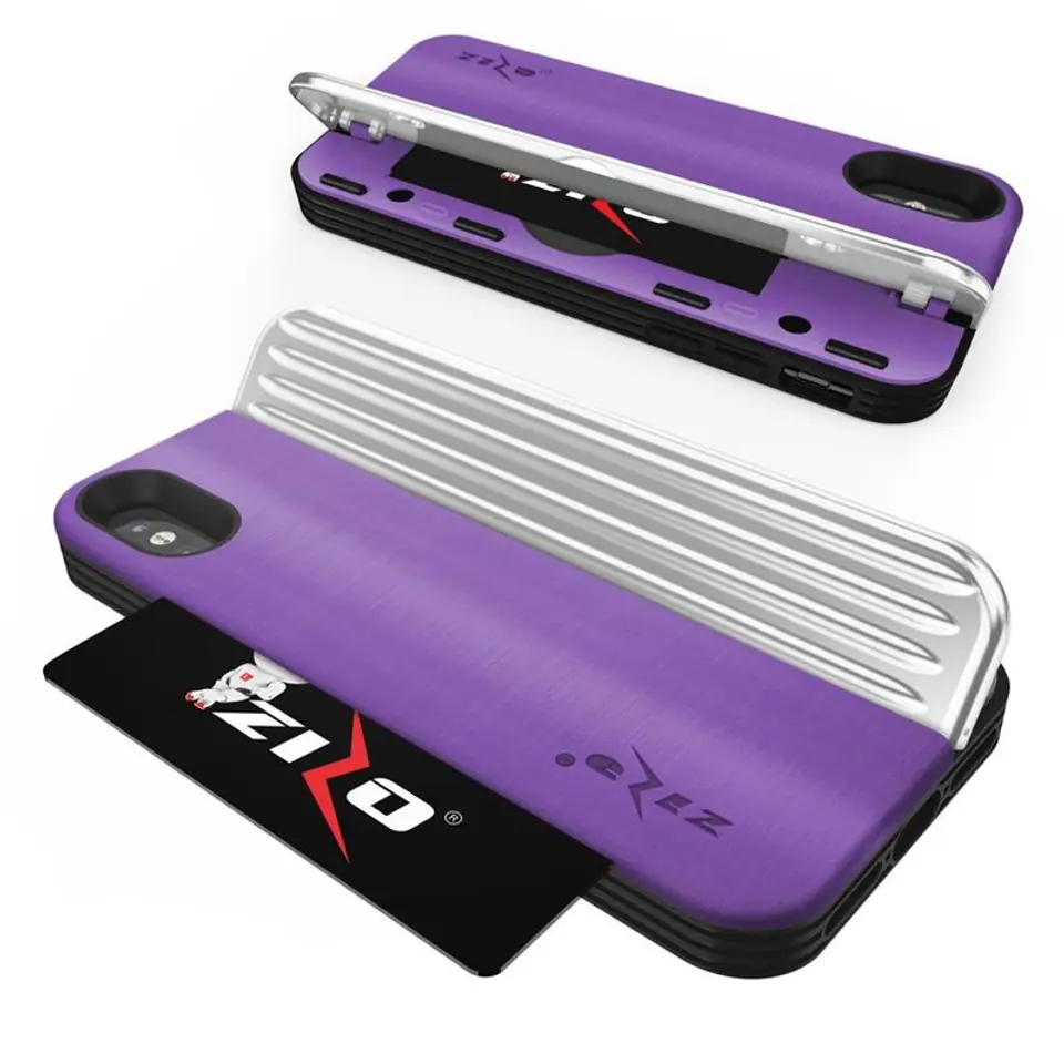 ⁨Zizo Retro Series - iPhone Xs/ X Case with Card Tray + Stand + 9H Screen Glass (Purple/Silver)⁩ at Wasserman.eu