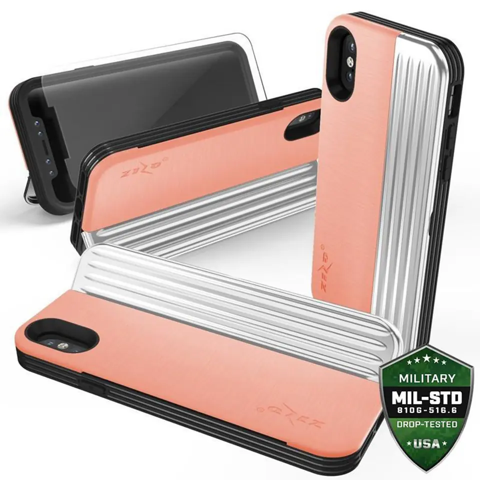 ⁨Zizo Retro Series - Etui iPhone Xs / X z kieszenią na karty + podstawka + szkło 9H na ekran (Peach/Silver)⁩ w sklepie Wasserman.eu