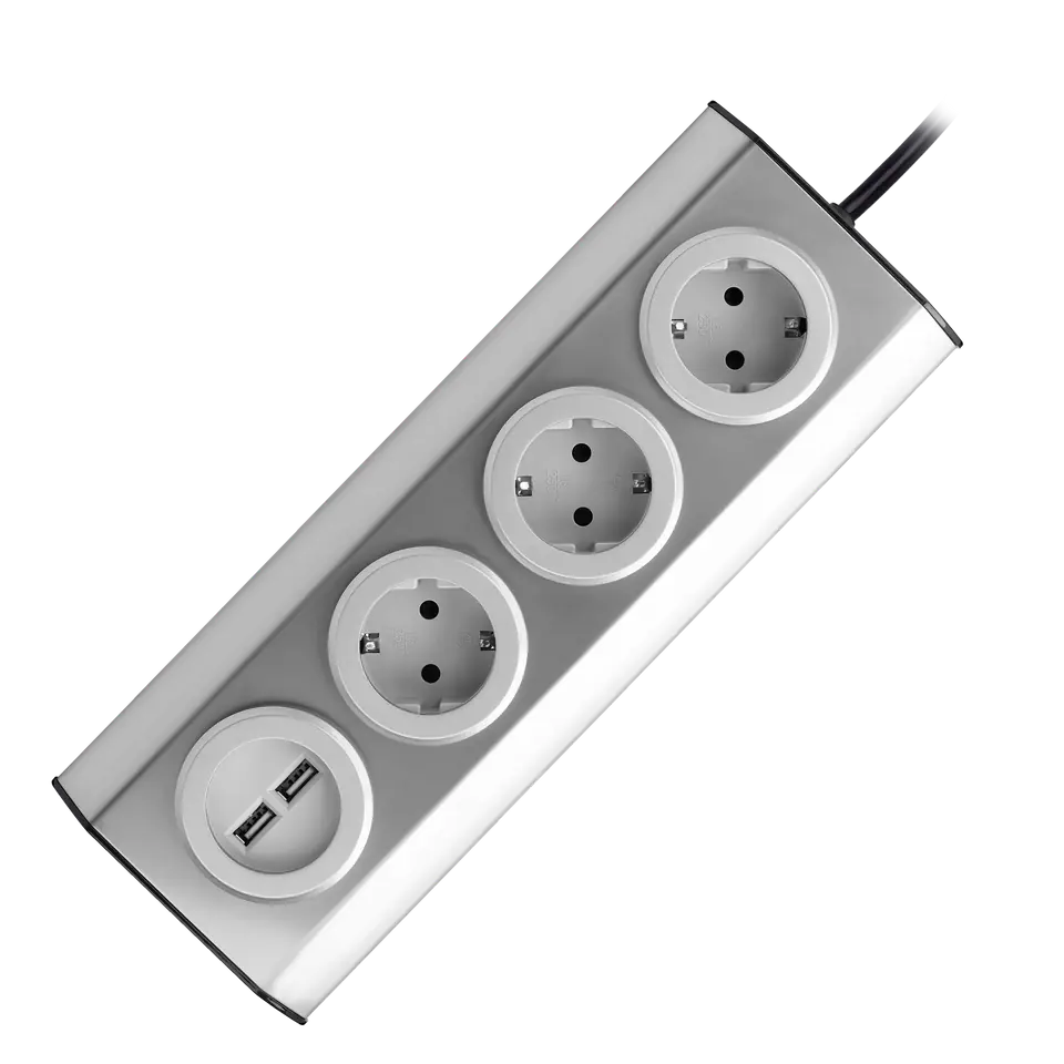 ⁨Gniazdo meblowe, kuchenne  z ładowarką USB, montowane na rzepy z przewodem 1,5m - 3x2P+Z schuko, 2xUSB, INOX z przewodem 1,5m.⁩ w sklepie Wasserman.eu