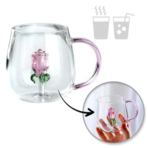 Szklanka ze szklanym tulipanem w środku, różowa rączka 400ml - SZK129 w sklepie Wasserman.eu