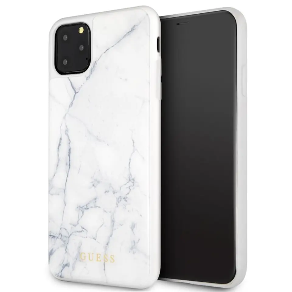 ⁨Guess Marble Tempered Glass Hardcase - Etui iPhone 11 Pro Max (biały)⁩ w sklepie Wasserman.eu