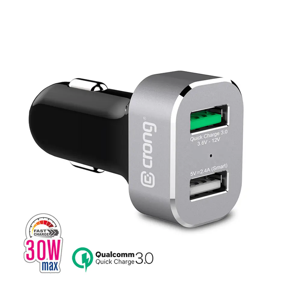 ⁨Crong Power Car Charger 30W - Ładowarka samochodowa USB QuickCharge 3.0 + USB 2.4A (aluminium)⁩ w sklepie Wasserman.eu