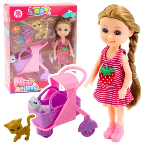 ⁨Mini Lalka Z Akcesoriami Wózek Kotki Zestaw Laleczka Różowa⁩ w sklepie Wasserman.eu