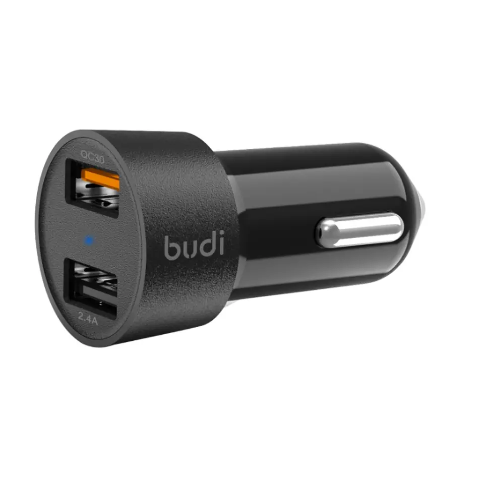 ⁨Budi - Ładowarka samochodowa 2x USB, 30W, QC3.0 (Czarny)⁩ w sklepie Wasserman.eu