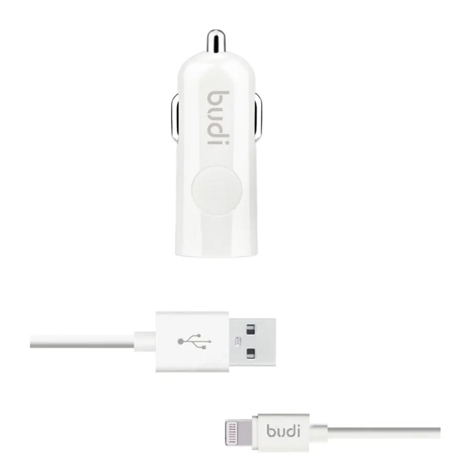 ⁨Budi - Ładowarka samochodowa USB + kabel Lightning (Biały)⁩ w sklepie Wasserman.eu