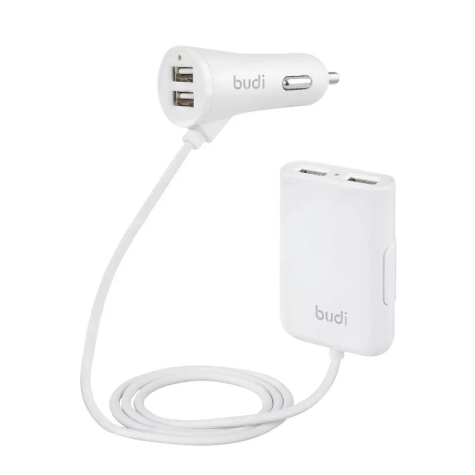 ⁨Budi - Ładowarka samochodowa 4x USB, 41W + rozdzielacz na kablu 1,8m (Biały)⁩ w sklepie Wasserman.eu