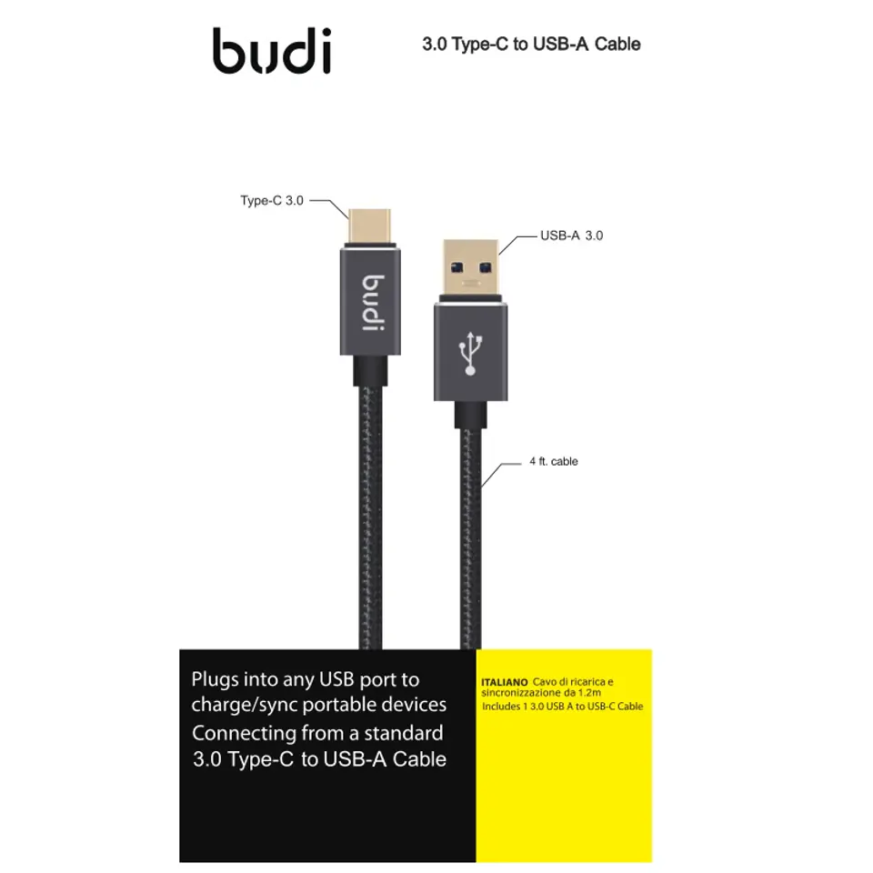 ⁨Budi - USB-A - USB-C cable, gold-plated plugs, transfer up to 5GB/s, 1.2 m (Black)⁩ at Wasserman.eu