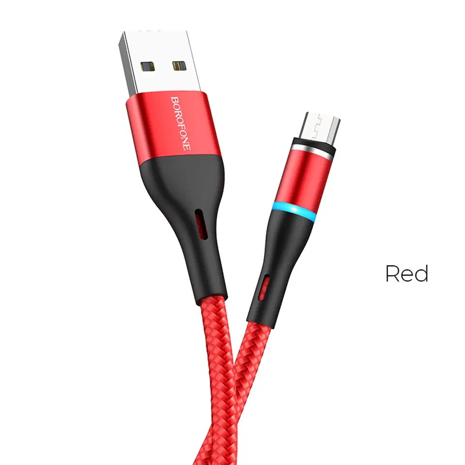 ⁨Borofone - Kabel USB-A do microUSB z magnetyczną końcówką i podświetleniem, 1,2 m (Czerwony)⁩ w sklepie Wasserman.eu