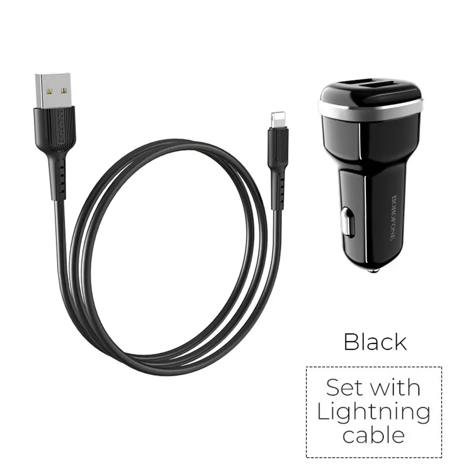 ⁨Borofone - ładowarka samochodowa 2x USB kabel Lightning w zestawie, czarny⁩ w sklepie Wasserman.eu
