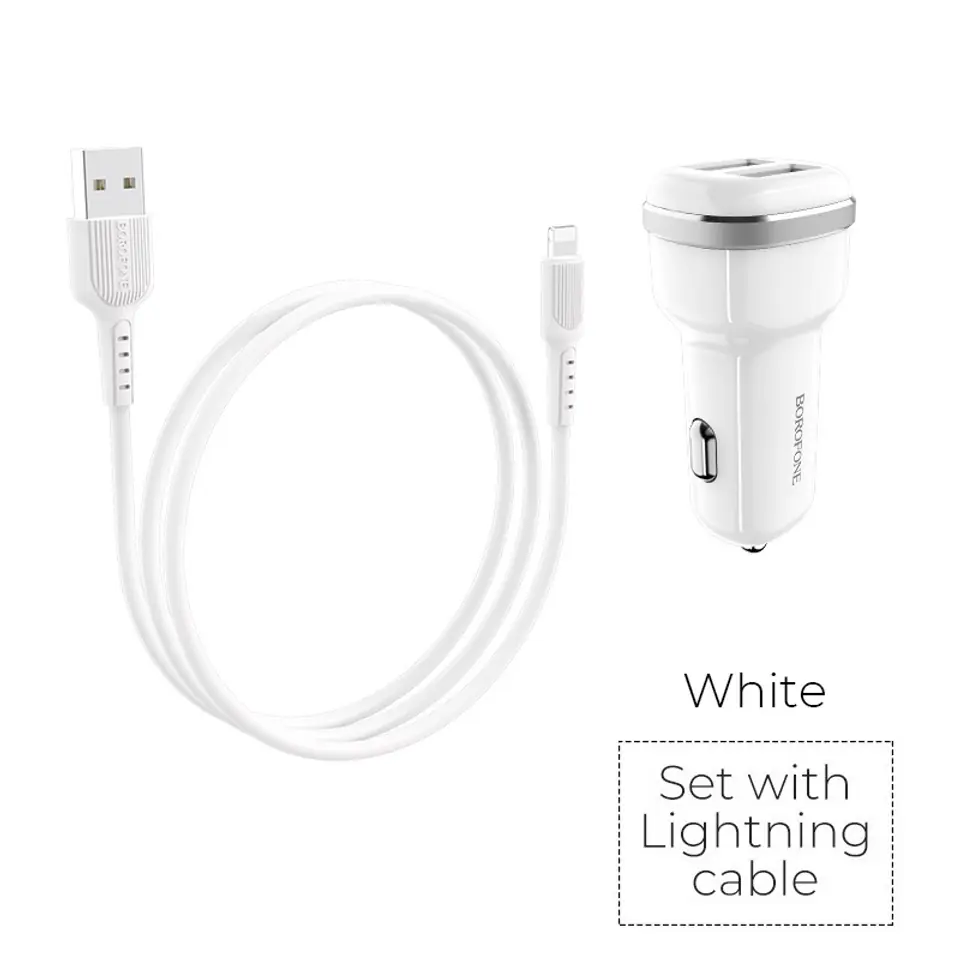 ⁨Borofone - ładowarka samochodowa 2x USB kabel Lightning w zestawie, biały⁩ w sklepie Wasserman.eu